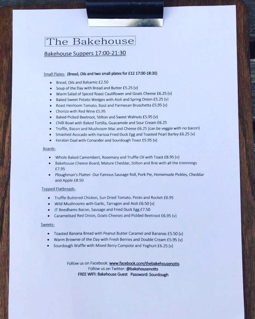 New Evening Menu - The Bakehouse - Sherwood