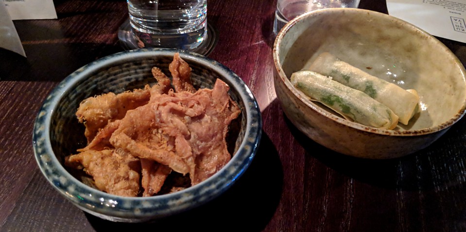 Chicken skin and crab roll snacks - Kushi-Ya - Nottingham